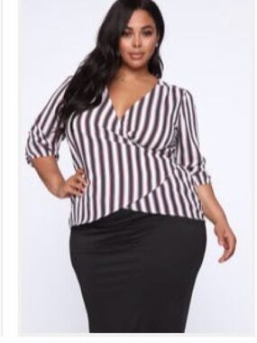 Fashion Nova Plus Size Black & White Striped Wrap V-Neck Blouse